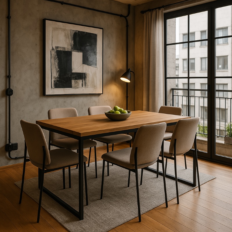 Mesa industrial quadrada com pernas de metal e tampo de madeira para seis lugares